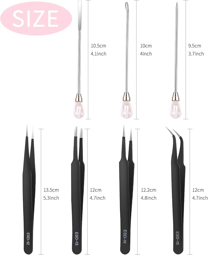 MSDADA 11 Pcs Silicone Resin Mold Tools Set Stirring Needle Spoon Tool Tweezers Precision Kit, Anti-Static Electronics Tweezers Set for Resin Art Crafts,Jewelry Making(Rose Red+Pink)