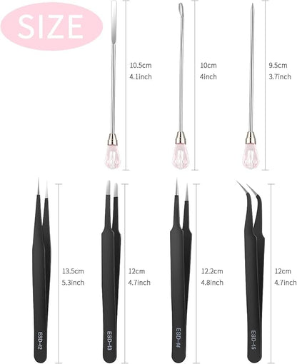 MSDADA 11 Pcs Silicone Resin Mold Tools Set Stirring Needle Spoon Tool Tweezers Precision Kit, Anti-Static Electronics Tweezers Set for Resin Art Crafts,Jewelry Making(Rose Red+Pink)