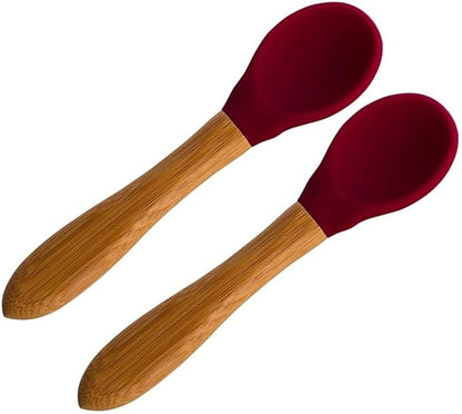 Babynow Bamboo Baby Spoons Self-Feeding Supplies for 6+ Months Babies & Toddlers in Bamboo & Soft Tip Designs BURGUNDY Pack of 2