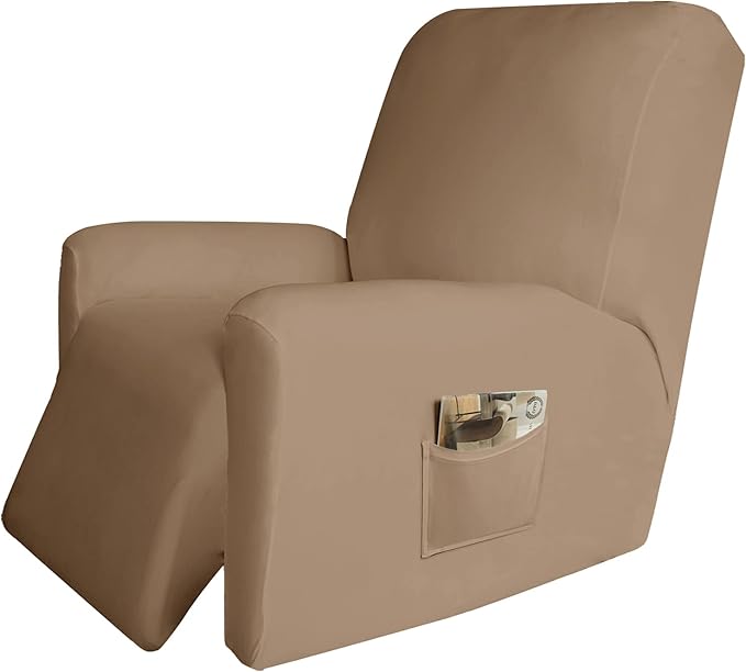 Easy-Going 4 Pieces Microfiber Stretch Recliner Slipcover – Spandex Soft Fitted Sofa Couch Cover, Washable Furniture Protector with Elastic Bottom for Kids, Pet(Recliner, Camel)