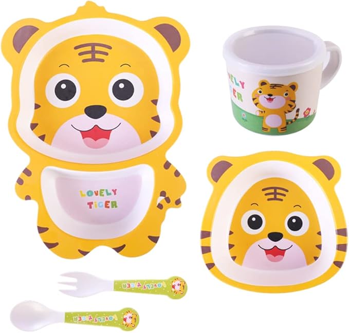 Bamboo Kids Dinnerware Set 5 Pcs Includes Plate Bowl Cup Fork Spoon Perfect for Kids BPA-Free (Tiger)