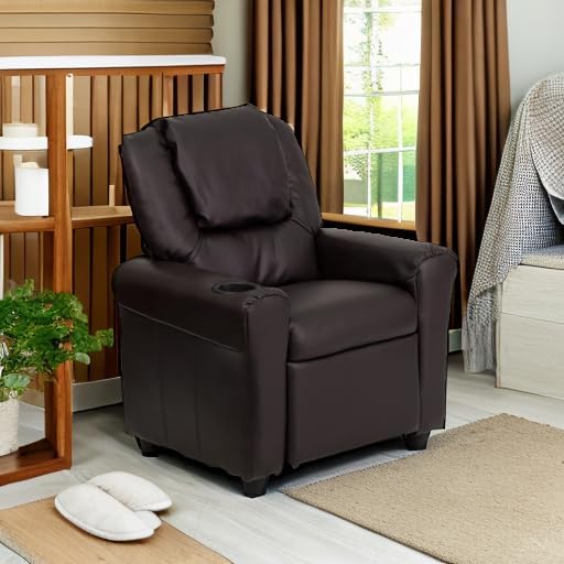 Flash Furniture Vana LeatherSoft Kids Recliner with Cup Holder, Headrest, and Safety Recline, Contemporary Reclining Chair for Kids, Supports up to 90 lbs., Brown