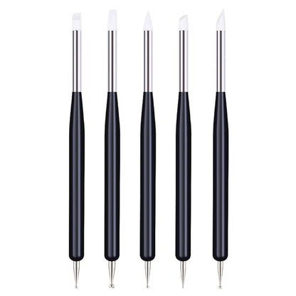 5pcs Nail Art Dotting Tools Pen Dual Head UV Gel Carving Pen Nail Silicone Brushes Set Pottery Clay Sculpting Modeling Painting Drawing Tool DIY Art Craft (Black)