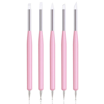 5pcs Nail Art Dotting Tools Pen Dual Head UV Gel Carving Pen Nail Silicone Brushes Set Pottery Clay Sculpting Tools Modeling Painting Drawing Tool DIY Art Craft (Pink)