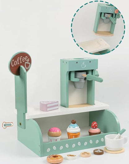 Wooden Coffee Shop Toys Play Set for Kids, Cake Dessert Coffee Maker Toy, Montessori Pretend Play Food Kitchen Accessories for Toddler Girls and Boys (Coffee Shop)