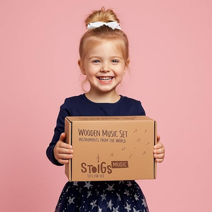 Stoie's Wooden Toddler Musical Instruments with Drum, Hand Bells, Flute, Maracas, Castanet, Tamburine, for Babies and Kids, Eco Friendly Montessori Educational Toy