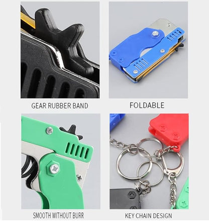 Kids Toys Cool Keychain Rubber Band Mini Metal Folding Rubber Launcher Toy with 60 Elastic Rubber Bands for Game Outdoor Activities (Black)