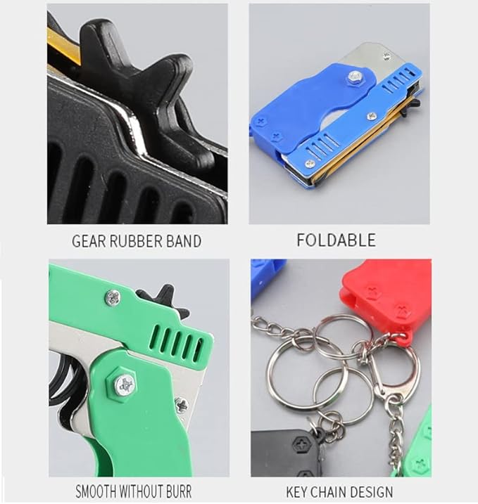 Kids Toys Cool Keychain Rubber Band Mini Metal Folding Rubber Launcher Toy with 60 Elastic Rubber Bands for Game Outdoor Activities (Blue)