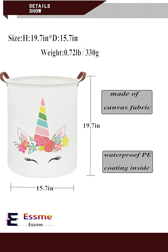Essme Kids Laundry Basket,Unicorn Hamper Collapsible Waterproof Storage Bin for Girls,Gift Baskets(Cute Unicorn)
