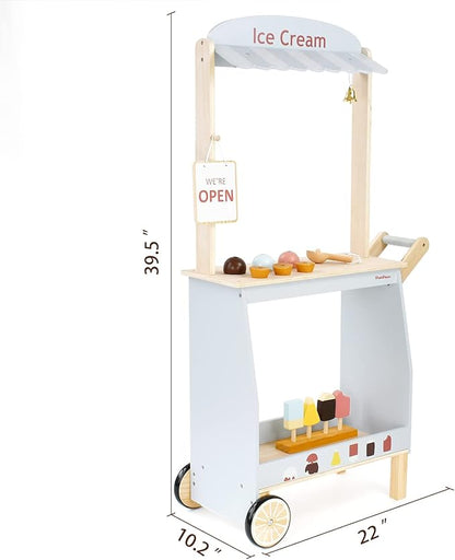 PairPear Wooden Toys Ice Cream Cart for Kids,Toddler Grocery Store Ice Cream Truck Playset,Pretend Play Food Kitchen Toys Gift for Boys and Girls 3 Years and up