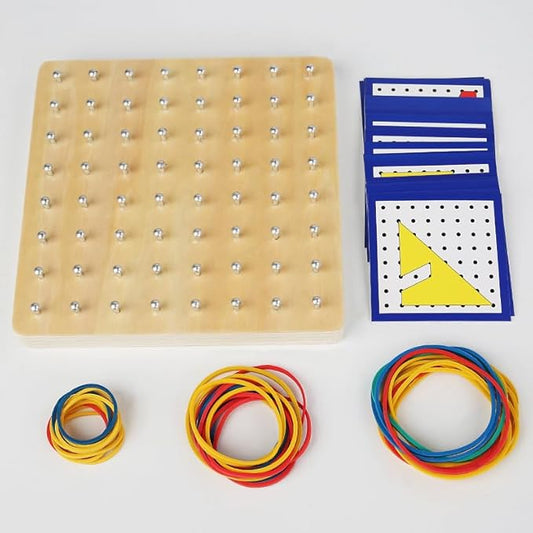 Wooden Geoboard - Montessori Toys for 3~6 Year Old Kids and Toddlers, Educational Toy with 24 Pattern Cards and 60 Rubber Bands to Create Figures, Brain Teaser STEM Toy Geo Board