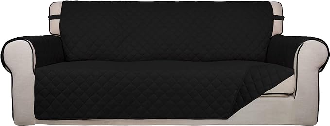 PureFit Reversible Quilted Sofa Cover, Water Resistant Slipcover Furniture Protector, Washable Couch Cover with Non Slip and Elastic Straps for Kids, Pets (Sofa, Black/Black)