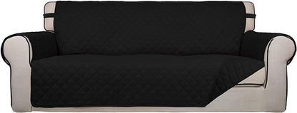 PureFit Reversible Quilted Sofa Cover, Water Resistant Slipcover Furniture Protector, Washable Couch Cover with Non Slip and Elastic Straps for Kids, Pets (Sofa, Black/Black)