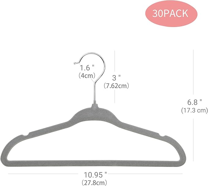 ManGotree Baby Clothes Hangers, Velvet Kids Toddlers Coat Hangers with Ultra Thin & Non-Slip Design (30 Pack, Gray)