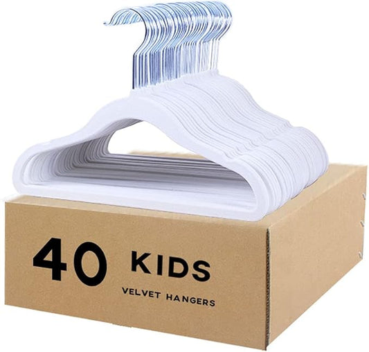 Kids Velvet Clothes Hangers, Non Slip Baby Hangers White (11.6" Inch - 40 Pack)