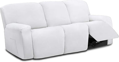 Easy-Going 8 Pieces Microfiber Stretch Sectional Recliner Sofa Slipcover Soft Fitted Fleece 3 Seats Couch Cover Washable Furniture Protector with Elasticity for Kids Pet(Recliner Sofa, Snow White)
