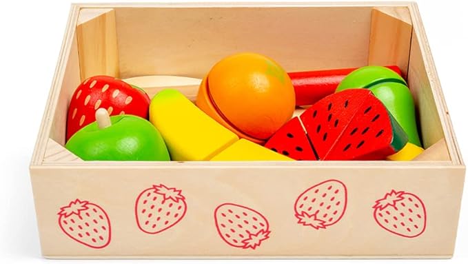 Bigjigs Toys Cutting Fruits Crate - 7 Piece Fruit with Velcro Fastenings, 1 Wooden Knife, 1 Chopping Board, Children’s Kitchen Accessories for Role Play, Baby & Toddler Gifts, 18 Months +