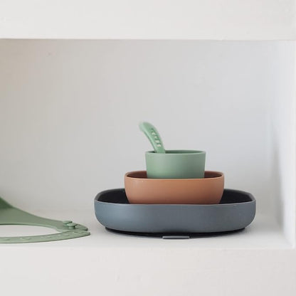 BEABA 100% Silicone 4 Piece Baby Feeding Set, Suction Plates for Baby, Includes Plate, Bowl, Cup, 2nd Stage Silicone Spoon, High Grade Food Safe Silicone, Mineral