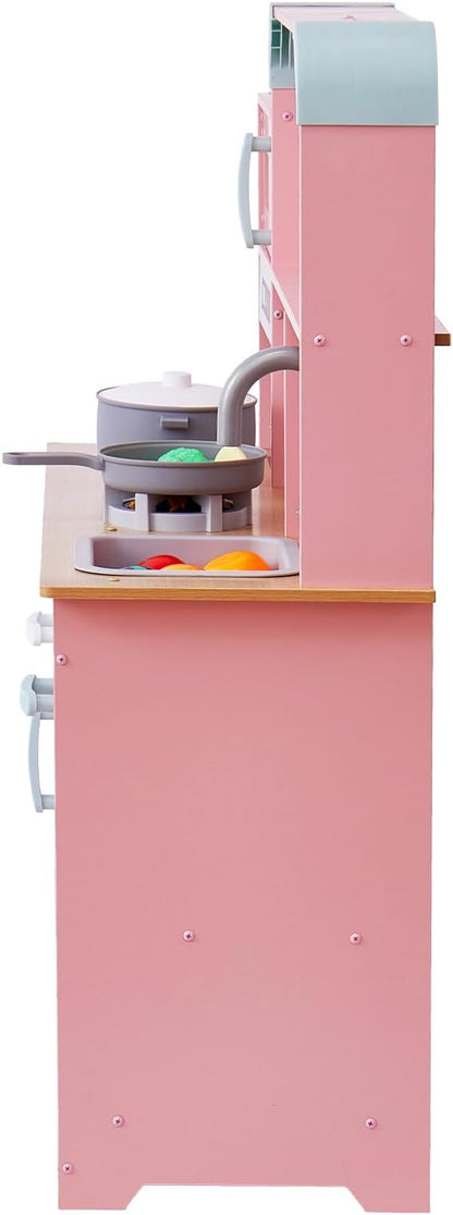 VEVOR Wooden Play Kitchen Toy, Play Kitchen for Kids with Lights and Sounds, Toddler Kitchen with Ice Maker, Oven, Sink, Microwaves, Fridge and Utensil and Fruit Accessory for Toddlers Ages 3-8, Pink