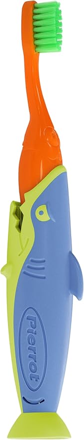 Pierrot Sharky Kids Toothbrush – Soft Bristles for Toddlers and Kids, Shark Handle with Suction Base and Cap, Easy-Grip Child-Friendly Toothbrush for Ages 2-8, Gentle Brushing, Pack of 2