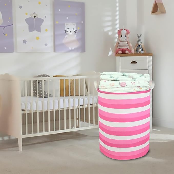 CLOCOR Pink Laundry Basket,Baby Girl Clothes Hamper for Nursery,Collapsible Toy Storage Bin with Handles, Room Decor,Waterproof Storage Basket(Pink Hamper)