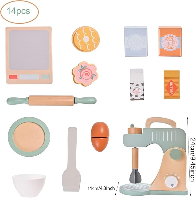 Play Kitchen Accessories, Pretend Play Food Sets for Kids Kitchen, Wooden Toy Mixer Set, Blender Bake Cookies Playset Cooking Kitchen Accessories Toys for Boys Girls Ages 3+
