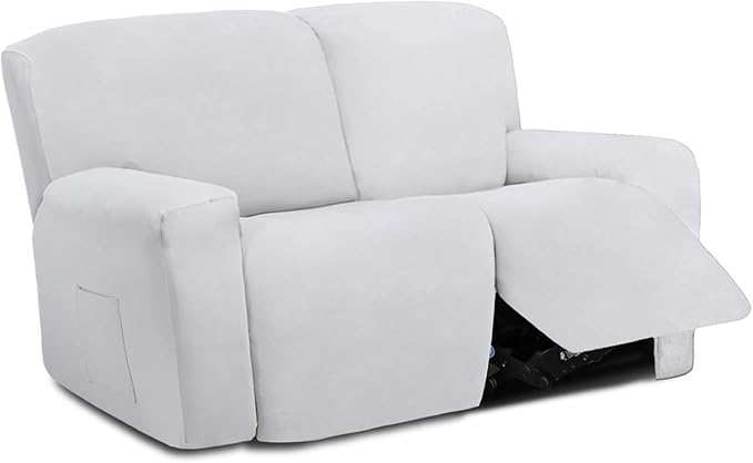 Easy-Going 6 Pieces Microfiber Stretch Sectional Recliner Sofa Slipcover Soft Fitted Fleece 2 Seats Couch Cover Washable Furniture Protector with Elasticity for Kids(Recliner Loveseat, Snow White)