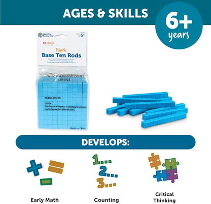 Learning Resources Plastic Base Ten Rods, Set of 50, LER0925