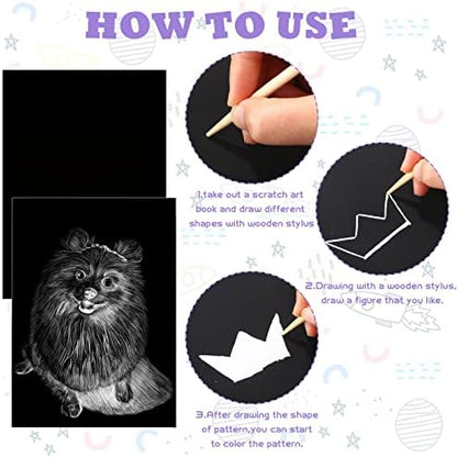 Gersoniel 200 Pieces Scratch Paper Art Set Craft Kits Black Coated Scratchboard Black Scratch Off Paper with Wooden Stylus for Valentine's Day Gifts Birthday Party Supplies