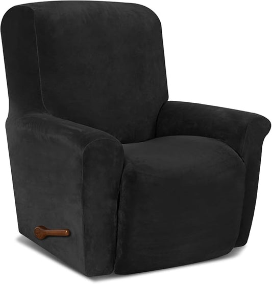 AZON Velvet Stretch Recliner Chair Cover,1-Piece Washable Recliner Couch Cover with Elastic Furniture Protector for Pets, Kids(Recliner, Black)
