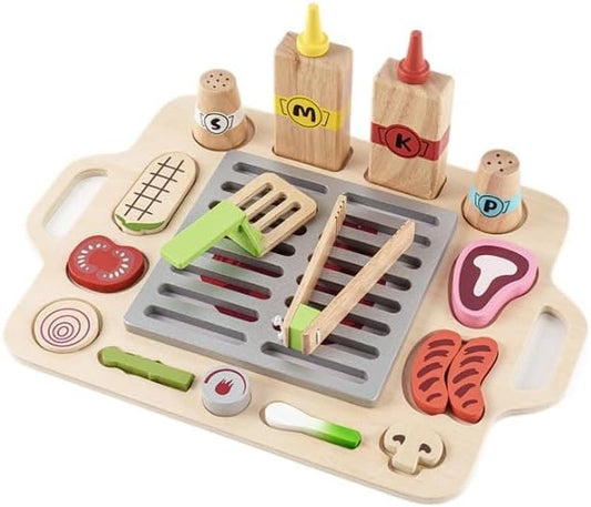 Wooden Kitchen Sets for Kids,Pretend Cooking Food Playset-BBQ Grill Toy with Food & Kitchen Toy Accessories,Wooden Play Food Barbecue Toys for 3 4 5 6 Year Old Boys&Girls,Pretend Playset for Kids 3-5