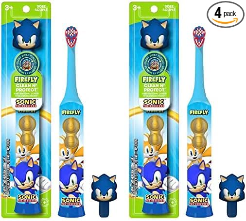 FIREFLY Clean N' Protect, Sonic The Hedgehog Toothbrush with 3D hygienic Cover, Premium Soft Bristles, Anti-Slip Grip Handle, Battery Included, Ages 3+, (Pack of 2)