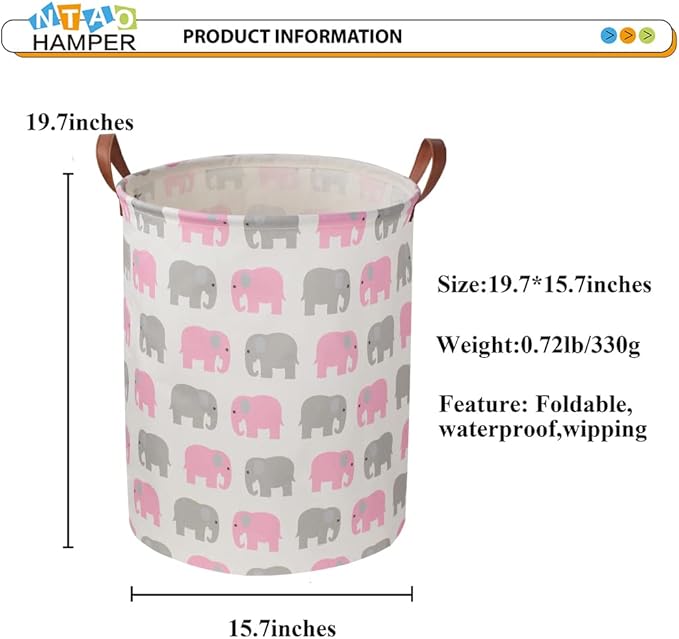NTAOHAMPER Laundry Basket,Waterproof Hamper,Clothes Hampers for Nursery,Gift Basket,Room Decor,Collapsible Storage Basket (Pink Elephant)