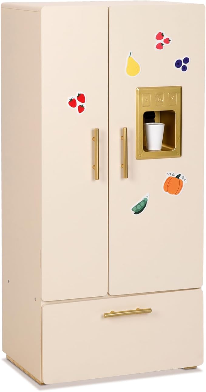 Play Refrigerator for Kids, Wooden Play Fridge with Ice Maker, Pretend Playset Toy Kitchen Sets for Toddlers