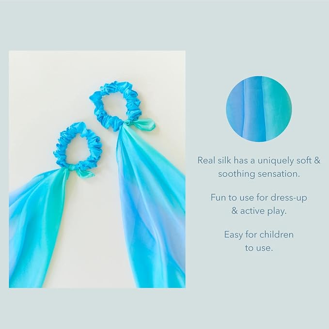 Sarah's Silks Wrist Streamers | 100% Silk Montessori and Waldorf Toys | Rhythm Ribbons for Dance, Imaginative, and Pretend Play | Includes 2 Pieces (Sea)