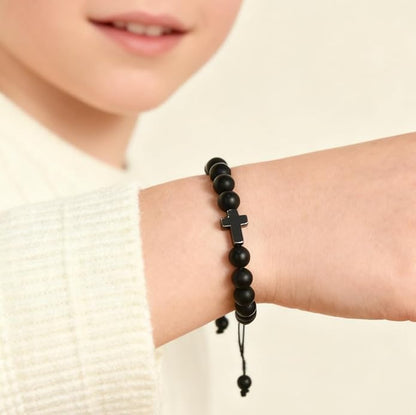 Lamyba Easter Gifts for Kids/Teens/Girls, Christian Natural Stone Beaded Bracelets, Easter Basket Stuffers Essentials, Adjustable Cross Bracelets, Blue/Black