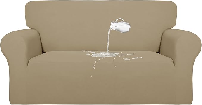 PureFit 100% Dual Waterproof Couch Cover Slipcovers for Couches and Sofas - Stretch Non Slip Fleece Sofa Covers Washable, Leakproof Furniture Protector for Kids, Pets, Dog (Loveseat, Natural)