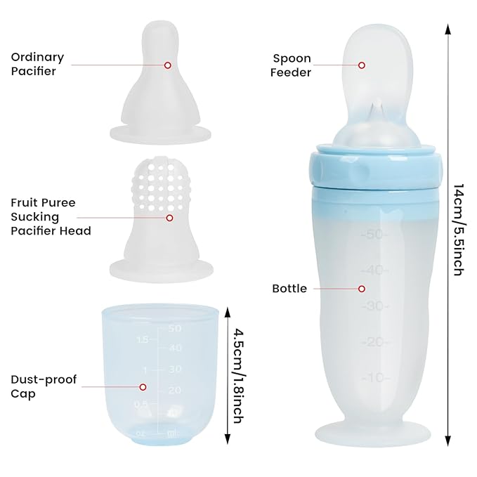 Baby Multifunctional Complementary Food Bottle, Silicone Milk Bottle 3-in-1, Including Dispensing Spoon, Regular Nipple and Fruit Puree Feeding Nipple, Auxiliary Weaning Bottle