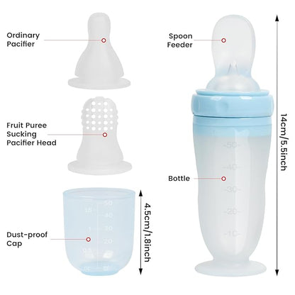 Baby Multifunctional Complementary Food Bottle, Silicone Milk Bottle 3-in-1, Including Dispensing Spoon, Regular Nipple and Fruit Puree Feeding Nipple, Auxiliary Weaning Bottle