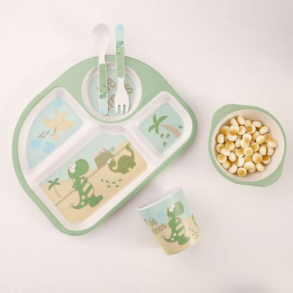 Kids Dinnerware Set Bamboo 5 Pcs Plate Bowl Cup Fork Spoon (Dinosaur)