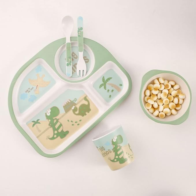 Kids Dinnerware Set Bamboo 5 Pcs Plate Bowl Cup Fork Spoon (Dinosaur)