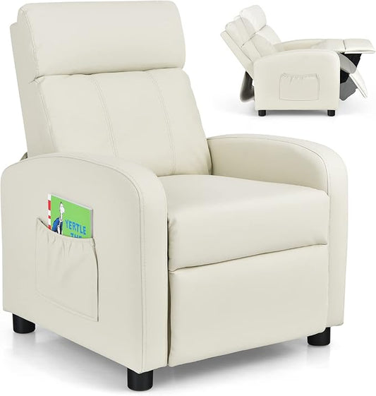 Costzon Kids Recliner, Adjustable PU Leather Lounge Chair w/Side Pockets, Footrest, Headrest for Kids Room & Play Room, Easy to Clean, Padded Recliner Sofa for Children Boys Girls Aged 3-12 (Beige)