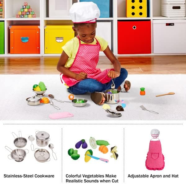 Hey! Play! Play Kitchen Accessories ? 23-Piece Child Chef Set with Toy Cookware, Play Veggies, Utensils, and Plastic Storage Container, Pink (80-PP170014)
