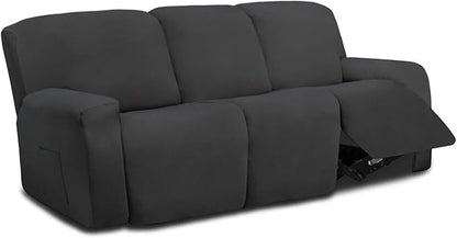 Easy-Going 8 Pieces Microfiber Stretch Sectional Recliner Sofa Slipcover Soft Fitted Fleece 3 Seats Couch Cover Washable Furniture Protector with Elasticity for Kids Pet(Recliner Sofa, Dark Gray)