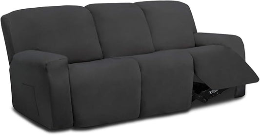 Easy-Going 8 Pieces Microfiber Stretch Sectional Recliner Sofa Slipcover Soft Fitted Fleece 3 Seats Couch Cover Washable Furniture Protector with Elasticity for Kids Pet(Recliner Sofa, Dark Gray)