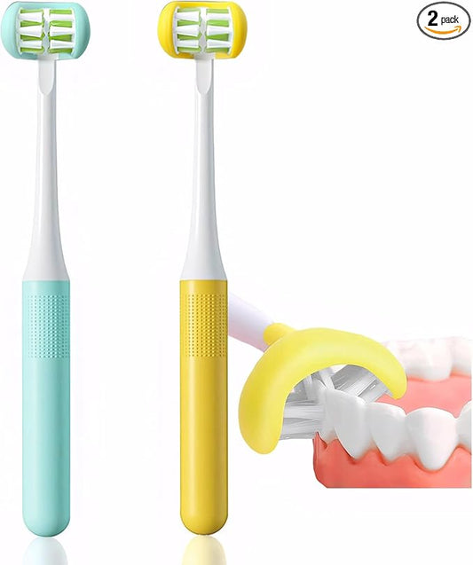 2 Pieces 3 Sided Toddler Toothbrush, Three Bristles for Kids Toothbrush, Autism Soft Bristles Toothbrush,Soft and Gentle for Complete Tooth and Gum Care(C1（Blue+Yellow） Kids)