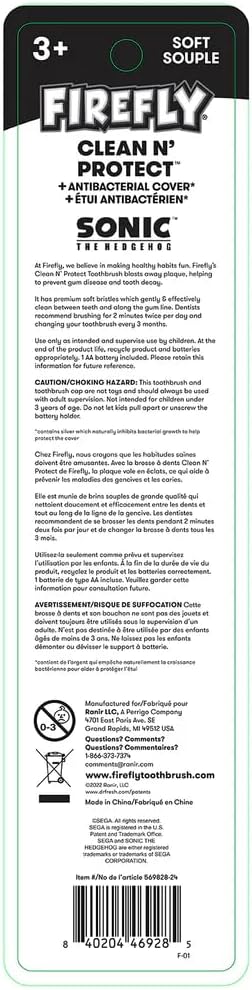 FIREFLY Clean N' Protect, Sonic The Hedgehog Toothbrush with 3D hygienic Cover, Premium Soft Bristles, Anti-Slip Grip Handle, Battery Included, Ages 3+, 3 Piece Set (Pack of 1)