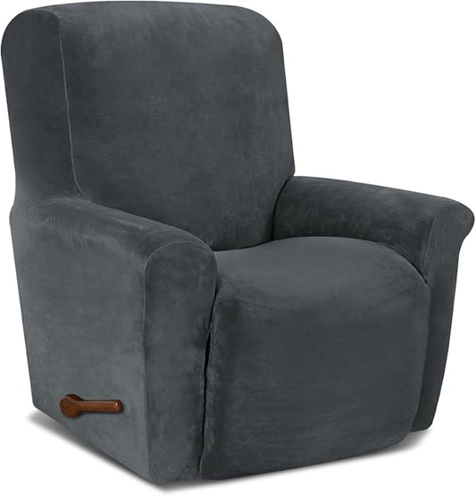 AZON Velvet Stretch Recliner Chair Cover,1-Piece Washable Recliner Couch Cover with Elastic Furniture Protector for Pets, Kids(Recliner, Charcoal)