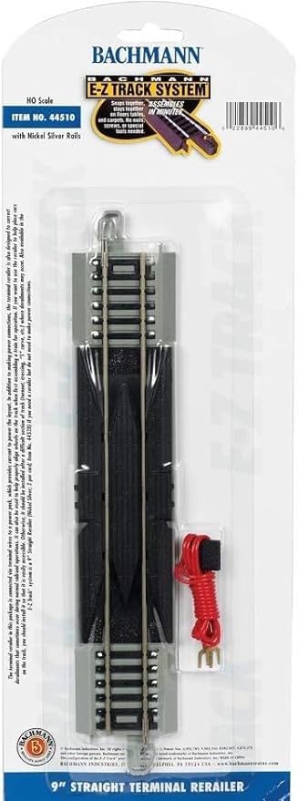 Bachmann Trains - Snap-Fit E-Z Track 9” Straight Terminal Rerailer w/Wire (1/card) - Nickel Silver Rail With Gray Roadbed - HO Scale