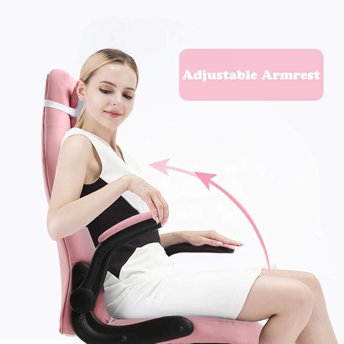 Gaming Chair Office Chair Desk Chair with Lumbar Support Flip Up Arms Headrest Swivel Rolling Adjustable PU Leather Racing Computer Chair for Girls,Pink